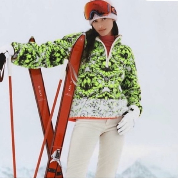 Anthropology Christina Neon Green Metallic Fuzzy 1/4 zip Pullover Sweater. - Picture 2 of 12